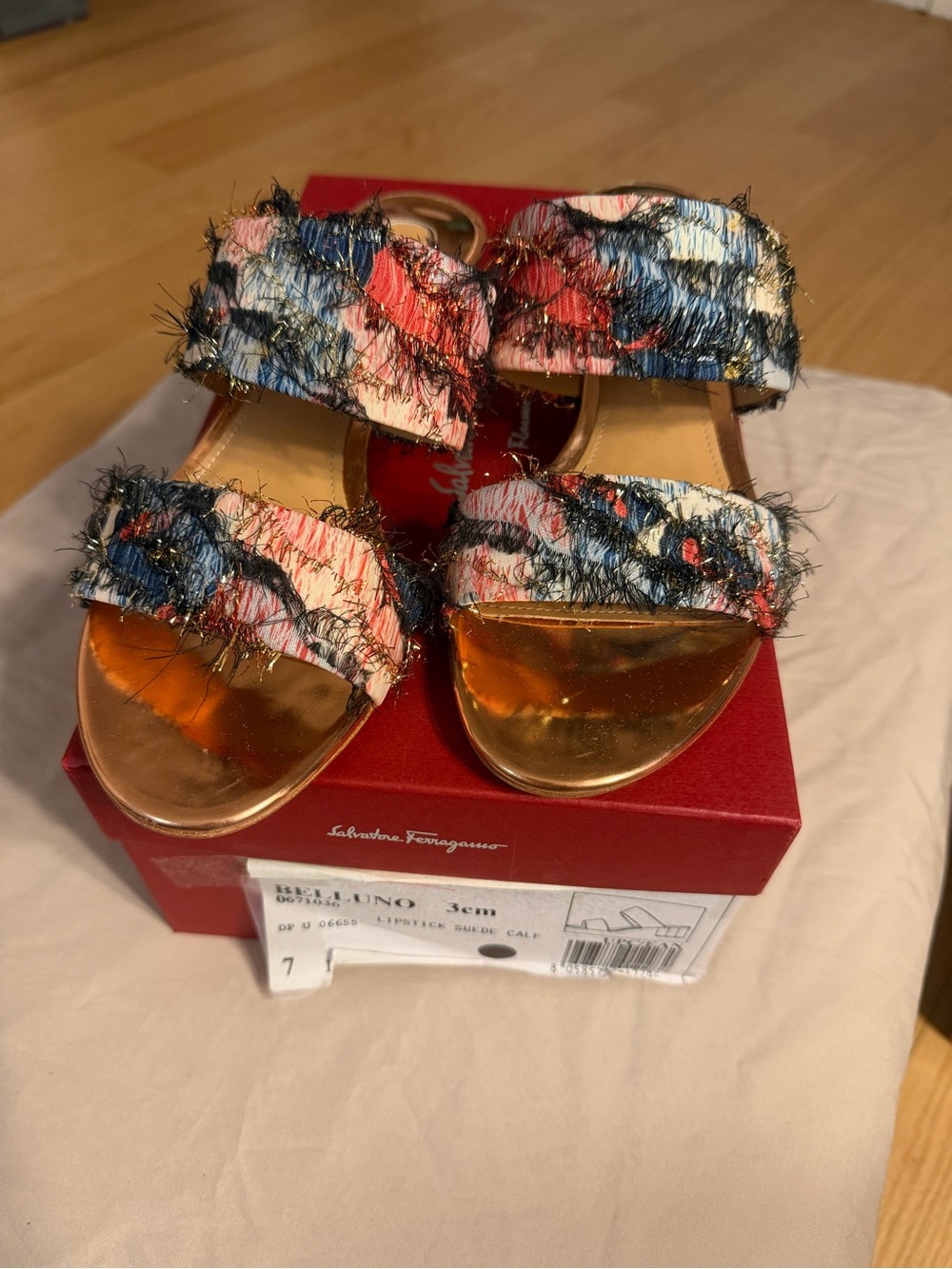 Salvatore Ferragamo Multicolor Fringe Strap Sandals with Gold Footbed